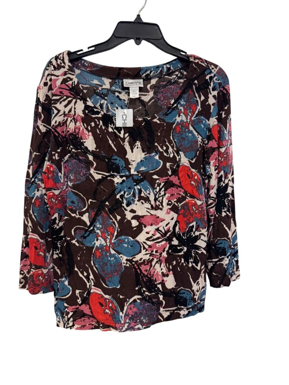 Chicos Travelers Floral Brown Top Size 2 Stretch 3/4 Sleeve Lightweight New